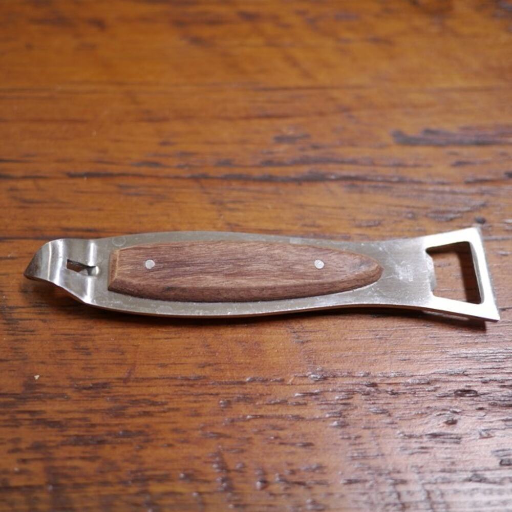 Vintage Mid Century Fish Shape Stainless Steel Teak Wook Japan Bottle Can Opener